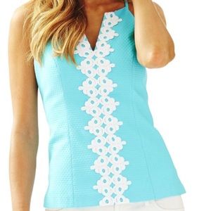 Lilly Pulitzer Magnolia Halter Top- Turquoise & White with V Neck Crochet